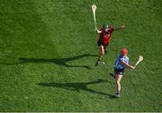 20 March 2022; Issy Davis of Dublin in action against Niamh Mallon of Down during the Littlewoods Ireland Camogie League Division 1 match between Dublin and Down at Croke Park in Dublin. Photo by Stephen McCarthy/Sportsfile