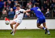 20 March 2022; Jimmy Hyland of Kildare scores a point under pressure from Ryan Wylie of Monaghan during the Allianz Football League Division 1 match between Kildare and Monaghan at St Conleth's Park in Newbridge, Kildare. Photo by Piaras Ó Mídheach/Sportsfile
