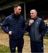 20 March 2022; Offaly manager Michael Fennelly, left, and Limerick manager John Kiely in conversation after the Allianz Hurling League Division 1 Group A match between Limerick and Offaly at TUS Gaelic Grounds in Limerick. Photo by Seb Daly/Sportsfile