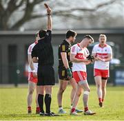20 March 2022; Referee Sean Hurson issues Gareth McKinless of Derry a red card for an incident in the second half of the Allianz Football League Division 2 match between Derry and Galway at Derry GAA Centre of Excellence in Owenbeg, Derry. Photo by Oliver McVeigh/Sportsfile