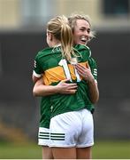 20 March 2022; Niamh Carmody and Caoimhe Evans, 11, of Kerry celebrate after the Lidl Ladies Football National League Division 2 Semi-Final match between Kerry and Monaghan at Tuam Stadium in Tuam, Galway. Photo by David Fitzgerald/Sportsfile