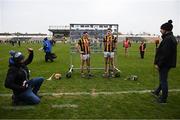 20 March 2022; Daithí De Mordha, right, awaits his call to interview Richie Reid, left, and man of the match David Blanchfield   of Kilkenny after during the Allianz Hurling League Division 1 Group B match between Kilkenny and Waterford at UMPC Nowlan Park in Kilkenny. Photo by Ray McManus/Sportsfile