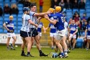 20 March 2022; Riain McBride and Davy Keogh, left, of Dublin tussle's with Podge Delaney and Charles Dwyer of Laois during the Allianz Hurling League Division 1 Group B match between Laois and Dublin at MW Hire O'Moore Park in Portlaoise, Laois. Photo by Matt Browne/Sportsfile