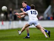 20 March 2022; Conor McManus of Monaghan in action against Jimmy Hyland of Kildare during the Allianz Football League Division 1 match between Kildare and Monaghan at St Conleth's Park in Newbridge, Kildare. Photo by Piaras Ó Mídheach/Sportsfile