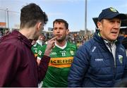 20 March 2022; An Armagh supporter exchanges words with Kerry manager Jack O'Connor and Jack Savage of Kerry after the Allianz Football League Division 1 match between Armagh and Kerry at the Athletic Grounds in Armagh. Photo by Ramsey Cardy/Sportsfile