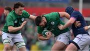 20 March 2022; Rory Maguire of Ireland is tackled by Gregor Scougall of Scotland during the U20 Six Nations Rugby Championship match between Ireland and Scotland at Musgrave Park in Cork. Photo by Brendan Moran/Sportsfile