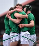20 March 2022; Fionn Gibbons of Ireland celebrates with teammates after scoring their side's second try during the U20 Six Nations Rugby Championship match between Ireland and Scotland at Musgrave Park in Cork. Photo by Brendan Moran/Sportsfile