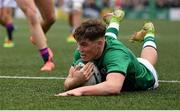 20 March 2022; Jude Postlethwaite of Ireland scores his side's third try during the U20 Six Nations Rugby Championship match between Ireland and Scotland at Musgrave Park in Cork. Photo by Brendan Moran/Sportsfile