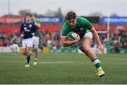 20 March 2022; Jude Postlethwaite of Ireland runs in to score his side's third try during the U20 Six Nations Rugby Championship match between Ireland and Scotland at Musgrave Park in Cork. Photo by Brendan Moran/Sportsfile