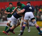 20 March 2022; James Culhane of Ireland is tackled by Max Williamson and Josh Taylor of Scotland during the U20 Six Nations Rugby Championship match between Ireland and Scotland at Musgrave Park in Cork. Photo by Brendan Moran/Sportsfile