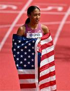 20 March 2022; Ajee Wilson of USA, celebrates as she crosses the line to win the women's 800m during day three of the World Indoor Athletics Championships at the Stark Arena in Belgrade, Serbia. Photo by Sam Barnes/Sportsfile