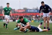 20 March 2022; Ben Carson of Ireland scores his side's fifth try during the U20 Six Nations Rugby Championship match between Ireland and Scotland at Musgrave Park in Cork. Photo by Brendan Moran/Sportsfile