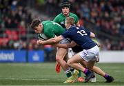 20 March 2022; Jude Postlethwaite of Ireland is tackled by Duncan Munn and Andy Stirrat of Scotland during the U20 Six Nations Rugby Championship match between Ireland and Scotland at Musgrave Park in Cork. Photo by Brendan Moran/Sportsfile