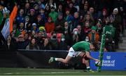 20 March 2022; Matthew Devine of Ireland scores his side's sixth try during the U20 Six Nations Rugby Championship match between Ireland and Scotland at Musgrave Park in Cork. Photo by Brendan Moran/Sportsfile