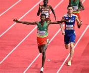 20 March 2022; Samuel Tefera of Ethiopia celebrates winning the men's 1500m final, ahead of Jakob Ingebrigtsen of Norway, who finished second, during day three of the World Indoor Athletics Championships at the Stark Arena in Belgrade, Serbia. Photo by Sam Barnes/Sportsfile