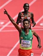 20 March 2022; Samuel Tefera of Ethiopia celebrates winning the men's 1500m final during day three of the World Indoor Athletics Championships at the Stark Arena in Belgrade, Serbia. Photo by Sam Barnes/Sportsfile