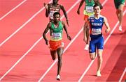 20 March 2022; Samuel Tefera of Ethiopia, left, on his way winning the men's 1500m final, ahead of Jakob Ingebrigtsen of Norway, who finished second, during day three of the World Indoor Athletics Championships at the Stark Arena in Belgrade, Serbia. Photo by Sam Barnes/Sportsfile