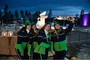 20 March 2022; Team Ireland members, from right, Charlotte Turner, Elizabeth Golding, Kailey Murphy and Megan Ryan before the opening ceremony ahead of day one of the 2022 European Youth Winter Olympic Festival in Vuokatti, Finland. Photo by Eóin Noonan/Sportsfile