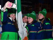 20 March 2022; Team Ireland, from left, Meghan Ryan, Kailey Murphy, Elizabeth Golding and Charlotte Turner pose for a selfie before the opening ceremony ahead of day one of the 2022 European Youth Winter Olympic Festival in Vuokatti, Finland. Photo by Eóin Noonan/Sportsfile
