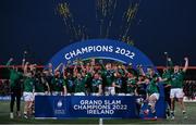 20 March 2022; The Ireland team celebrate with the U20 Six Nations championship trophy after the U20 Six Nations Rugby Championship match between Ireland and Scotland at Musgrave Park in Cork. Photo by Brendan Moran/Sportsfile