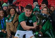 20 March 2022; Ireland captain Reuben Crothers celebrates with the U20 Six Nations championship trophy after the U20 Six Nations Rugby Championship match between Ireland and Scotland at Musgrave Park in Cork. Photo by Brendan Moran/Sportsfile