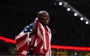 20 March 2022; Grant Holloway of USA celebrates after winning the Men's 60m hurdles during day three of the World Indoor Athletics Championships at the Stark Arena in Belgrade, Serbia. Photo by Sam Barnes/Sportsfile