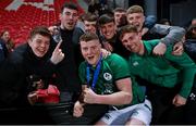 20 March 2022; Fionn Gibbons of Ireland celebrates with his frields after the U20 Six Nations Rugby Championship match between Ireland and Scotland at Musgrave Park in Cork. Photo by Brendan Moran/Sportsfile