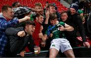 20 March 2022; Matthew Devine of Ireland celebrates with his frields after the U20 Six Nations Rugby Championship match between Ireland and Scotland at Musgrave Park in Cork. Photo by Brendan Moran/Sportsfile