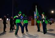 20 March 2022; Team Ireland athlethes Megan Ryan and Kailey Murphy dancing before the opening ceremony ahead of day one of the 2022 European Youth Winter Olympic Festival in Vuokatti, Finland. Photo by Eóin Noonan/Sportsfile