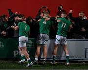 20 March 2022; Ireland players, from left, Jack Boyle, Conor O’Tighearnaigh and Fionn Gibbons celebrate with friends after the U20 Six Nations Rugby Championship match between Ireland and Scotland at Musgrave Park in Cork. Photo by Brendan Moran/Sportsfile
