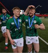 20 March 2022; Ireland players Ethan Coughlan, left, and Patrick Campbell celebrate after the U20 Six Nations Rugby Championship match between Ireland and Scotland at Musgrave Park in Cork. Photo by Brendan Moran/Sportsfile
