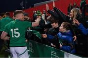 20 March 2022; Patrick Campbell of Ireland celebrates with supporters after the U20 Six Nations Rugby Championship match between Ireland and Scotland at Musgrave Park in Cork. Photo by Brendan Moran/Sportsfile