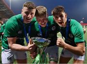 20 March 2022; Ireland players, from left, Fionn Gibbons, Conor O’Tighearnaigh and Chay Mullins celebrate with the U20 Six Nations championship trophy after the U20 Six Nations Rugby Championship match between Ireland and Scotland at Musgrave Park in Cork. Photo by Brendan Moran/Sportsfile