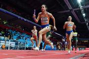 20 March 2022; Eveline Saalberg of Netherlands competing in the women's 4x400m relay during day three of the World Indoor Athletics Championships at the Stark Arena in Belgrade, Serbia. Photo by Sam Barnes/Sportsfile