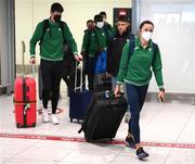 21 March 2022; Ireland's Phil Healy and team-mates arrive at Dublin Airport on the team's return from the World Indoor Athletics Championship in Serbia. Photo by Stephen McCarthy/Sportsfile