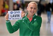 21 March 2022; Ireland's Sarah Lavin, who finished seventh in the final of the 60m hurdles, arrives at Dublin Airport on the team's return from the World Indoor Athletics Championship in Serbia. Photo by Stephen McCarthy/Sportsfile