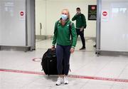 21 March 2022; Ireland's Sarah Lavin, who finished seventh in the final of the 60m hurdles, arrives at Dublin Airport on the team's return from the World Indoor Athletics Championship in Serbia. Photo by Stephen McCarthy/Sportsfile