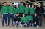 21 March 2022; Members of the Ireland team, back row, from left, Declan Monaghan, physio, Paul McNamara, High performance director, Phil Healy, Luke McCann, Sophie Becker, Sarah Lavin, Athletics Ireland president John Cronin, with, front row, Darragh McElhinney, Sarah Healy, Israel Olatunde and Siofra Cleirigh Buttner at Dublin Airport on the team's return from the World Indoor Athletics Championship in Serbia. Photo by Stephen McCarthy/Sportsfile
