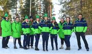 20 March 2022; Team Ireland, from left, communications manager Heather Boyle, covid liason officer Alex Bosci, Charlotte Turner, alpine skiing coach Georgia Esposito, Elizabeth Golding, Megan Ryan, Kailey Murphy, Chef de Mission Linda O'Reilly, figure skating coach Clara Peters and alpine skiing team leader Giorgio Marchesini before the opening ceremony ahead of day one of the 2022 European Youth Winter Olympic Festival in Vuokatti, Finland. Photo by Eóin Noonan/Sportsfile