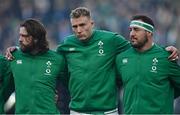 19 March 2022; Mack Hansen, left, Kieran Treadwell, centre, and Rob Herring of Ireland before the Guinness Six Nations Rugby Championship match between Ireland and Scotland at Aviva Stadium in Dublin. Photo by Ramsey Cardy/Sportsfile