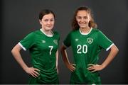 20 March 2022; Sisters Keri Loughrey and Jodie Loughrey, right, during a Republic of Ireland Women's Under 17's squad portrait session at CityWest Hotel in Dublin. Photo by Stephen McCarthy/Sportsfile
