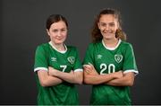 20 March 2022; Sisters Keri Loughrey and Jodie Loughrey, right, during a Republic of Ireland Women's Under 17's squad portrait session at CityWest Hotel in Dublin. Photo by Stephen McCarthy/Sportsfile