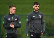 21 March 2022; Scott Hogan, right, and Connor Ronan during a Republic of Ireland training session at the FAI National Training Centre in Abbotstown, Dublin. Photo by Stephen McCarthy/Sportsfile