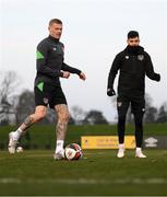 21 March 2022; James McClean, left, and John Egan during a Republic of Ireland training session at the FAI National Training Centre in Abbotstown, Dublin. Photo by Stephen McCarthy/Sportsfile