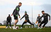 21 March 2022; James McClean, with teammates, from left, Chiedozie Ogbene, Callum Robinson, Mark Sykes and Scott Hogan during a Republic of Ireland training session at the FAI National Training Centre in Abbotstown, Dublin. Photo by Stephen McCarthy/Sportsfile