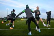 21 March 2022; Troy Parrott, left, and James McClean, right, during a Republic of Ireland training session at the FAI National Training Centre in Abbotstown, Dublin. Photo by Stephen McCarthy/Sportsfile