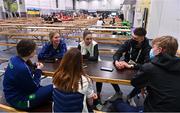 21 March 2022; Team Ireland athletes, from left, Megan Ryan, Charlotte Turner, Kailey Murphy and Elizabeth Golding speaking to EYOF reporters Padraig Faherty and Darragh Lyons during day two of the 2022 European Youth Winter Olympic Festival in Vuokatti, Finland. Photo by Eóin Noonan/Sportsfile