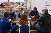21 March 2022; Team Ireland athletes, from left, Megan Ryan, Charlotte Turner, Elizabeth Golding and Kailey Murphy speaking to EYOF reporters Padraig Faherty and Darragh Lyons during day two of the 2022 European Youth Winter Olympic Festival in Vuokatti, Finland. Photo by Eóin Noonan/Sportsfile