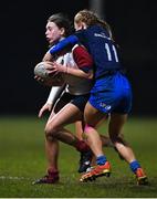 21 March 2022; Sorcha Ryan of Midlands is tackled by Robin Hyland of Metro during the Bank of Ireland Leinster Rugby U18 Sarah Robinson Cup 4th round match between Midlands and Metro at Maynooth University in Maynooth, Kildare. Photo by Piaras Ó Mídheach/Sportsfile