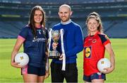 22 March 2022; In attendance at the Lidl All-Ireland Post-Primary Schools Finals captain's day are captains, Áine Gaynor of Moate CS, Westmeath, left, and Dara Kiniry of St Mary’s Midleton in Cork, with Lidl Ireland and Northern Ireland senior partnerships manager Joe Mooney, ahead of their Lidl All-Ireland Post-Primary Schools Senior A Final. The 2022 finals will be contested at Senior and Junior levels, with three finals in each grade. The 2022 Lidl PPS Senior A Final between Moate CS, Westmeath, and St Mary's, Midleton, Cork, will be streamed live on Saturday, April 2, and will be available on the LGFA's Facebook Page: https://www.facebook.com/LadiesGaelicFootball/. Photo by Brendan Moran/Sportsfile